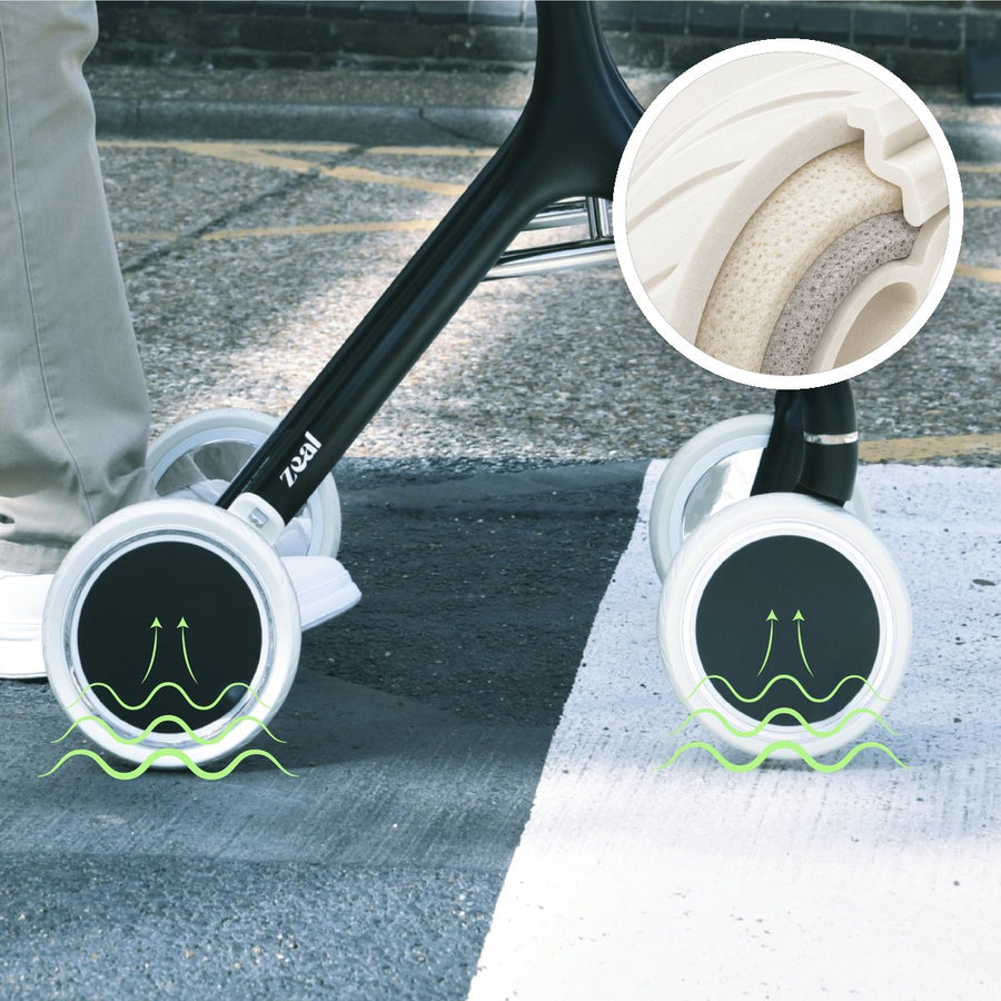 RideSmooth tyres with a cutaway of the shock-absorbing foam