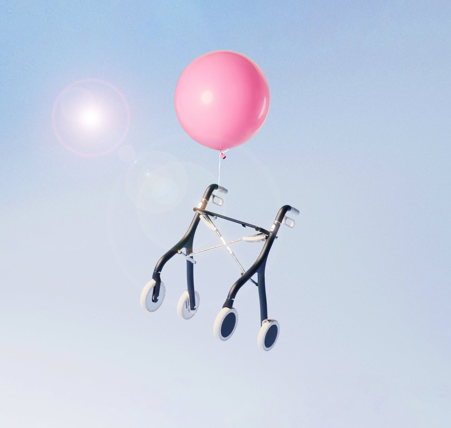 Lightweight luxury walker rollator floating with a pink balloon, showcasing its sleek and effortless design.
