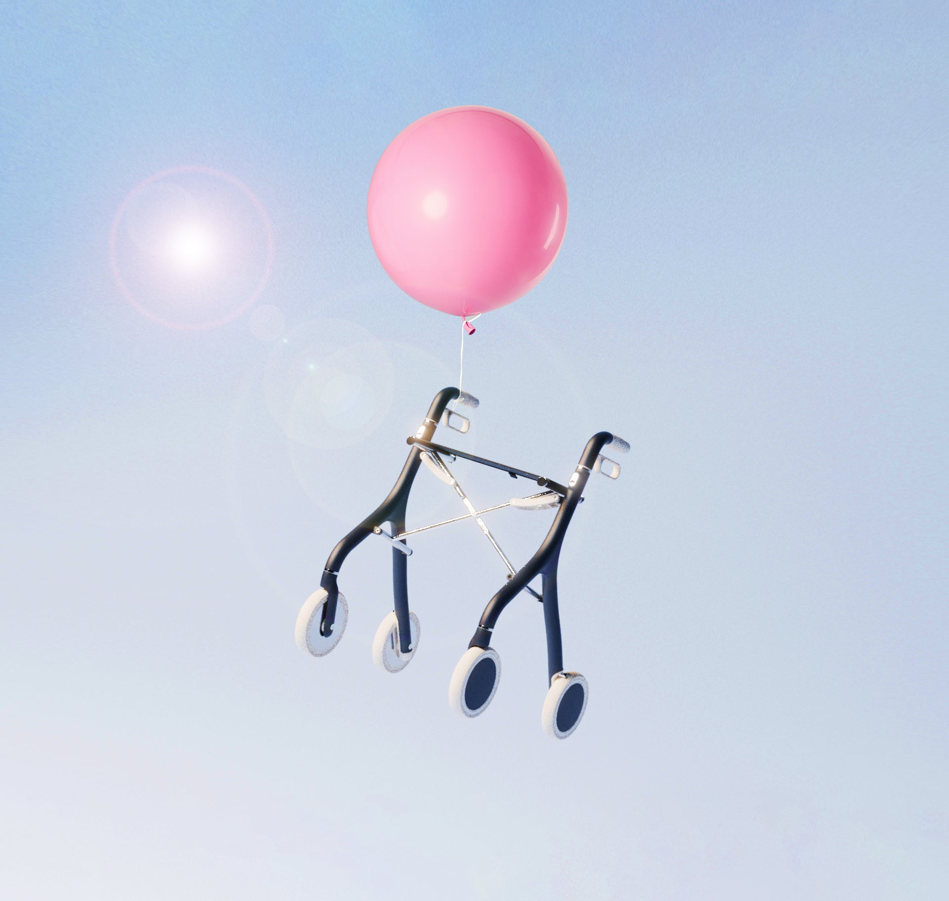 Lightweight luxury walker rollator floating with a pink balloon, showcasing its sleek and effortless design.