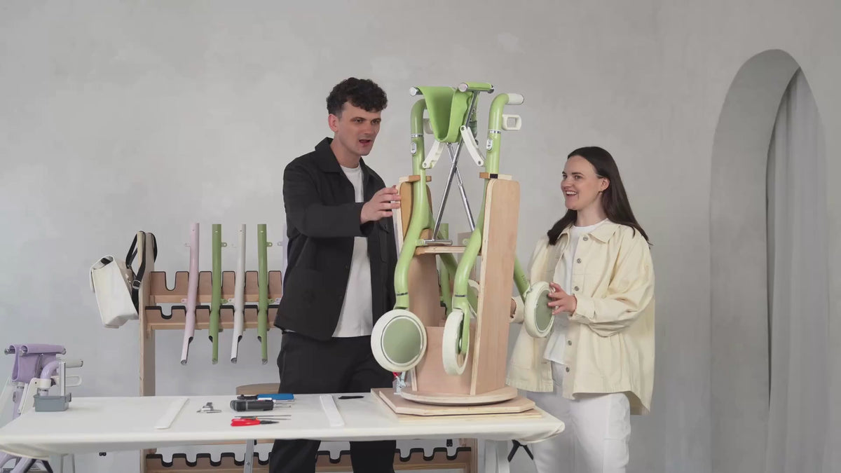 Georgia and Josh, Zeal's co-founders, building a Zeal walker in the workshop